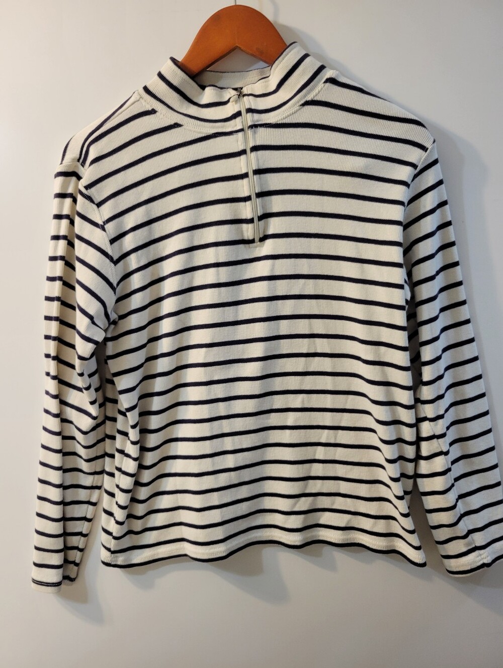 LL Bean Striped Mock Neck Long-Sleeve Top - White/Black Size L